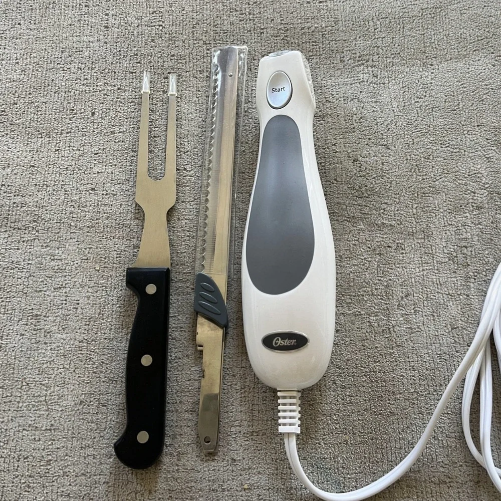 Vtg Oster Electric Carving Knife Set Stainless Steel Blade Fork and Storage Case